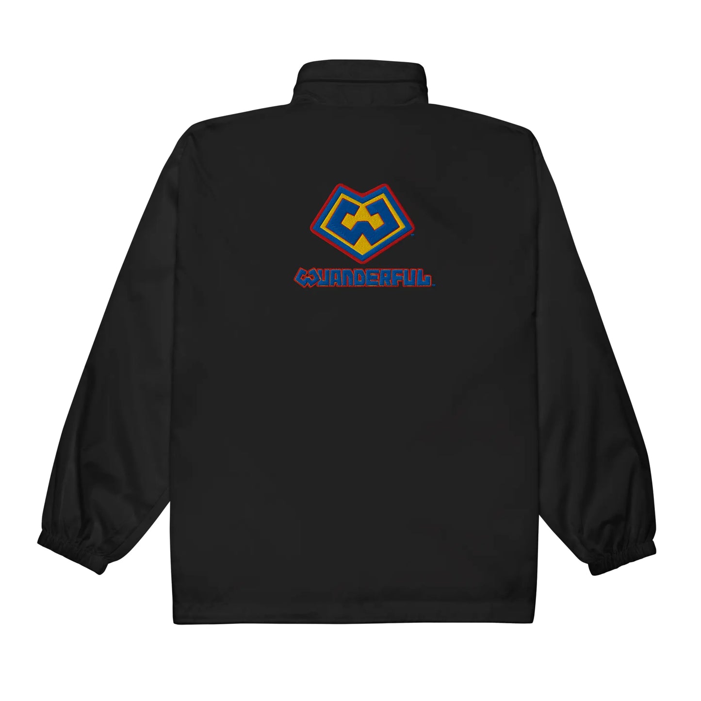 Wuanderful Locos logo on a limited edition black waterproof windbreaker jacket in a back view