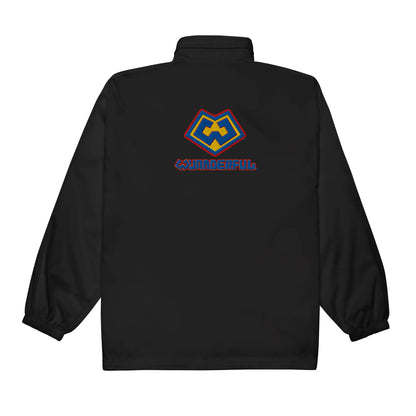 Wuanderful Locos logo on a limited edition black waterproof windbreaker jacket in a back view