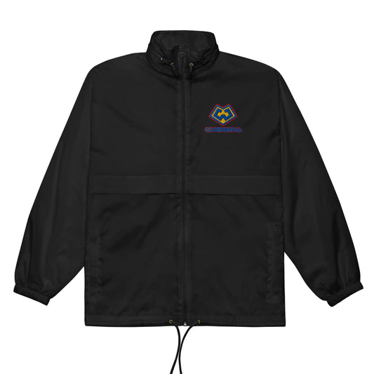 Wuanderful Locos logo on a limited edition black waterproof windbreaker jacket in a front view