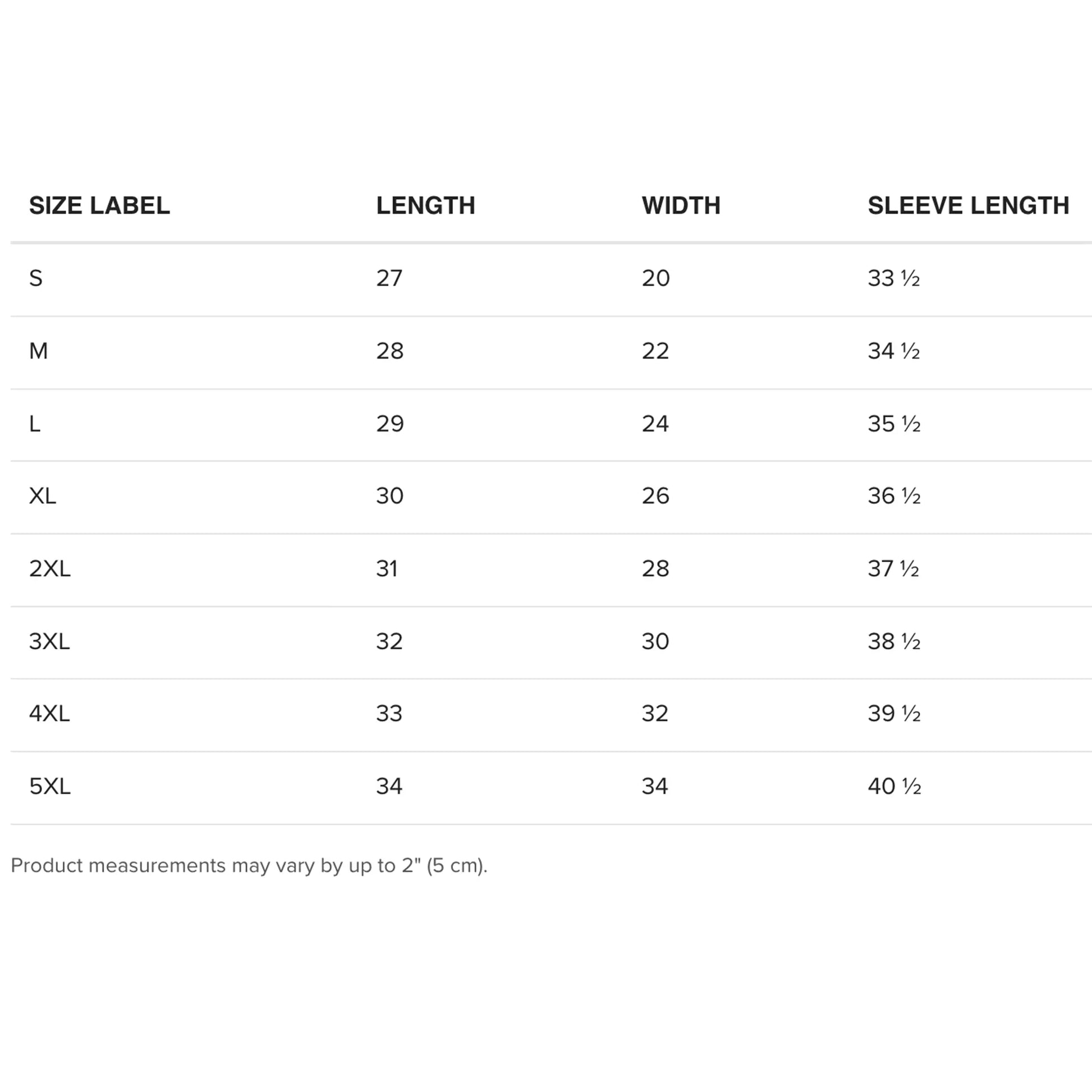 Size chart for wuanderful hoodies