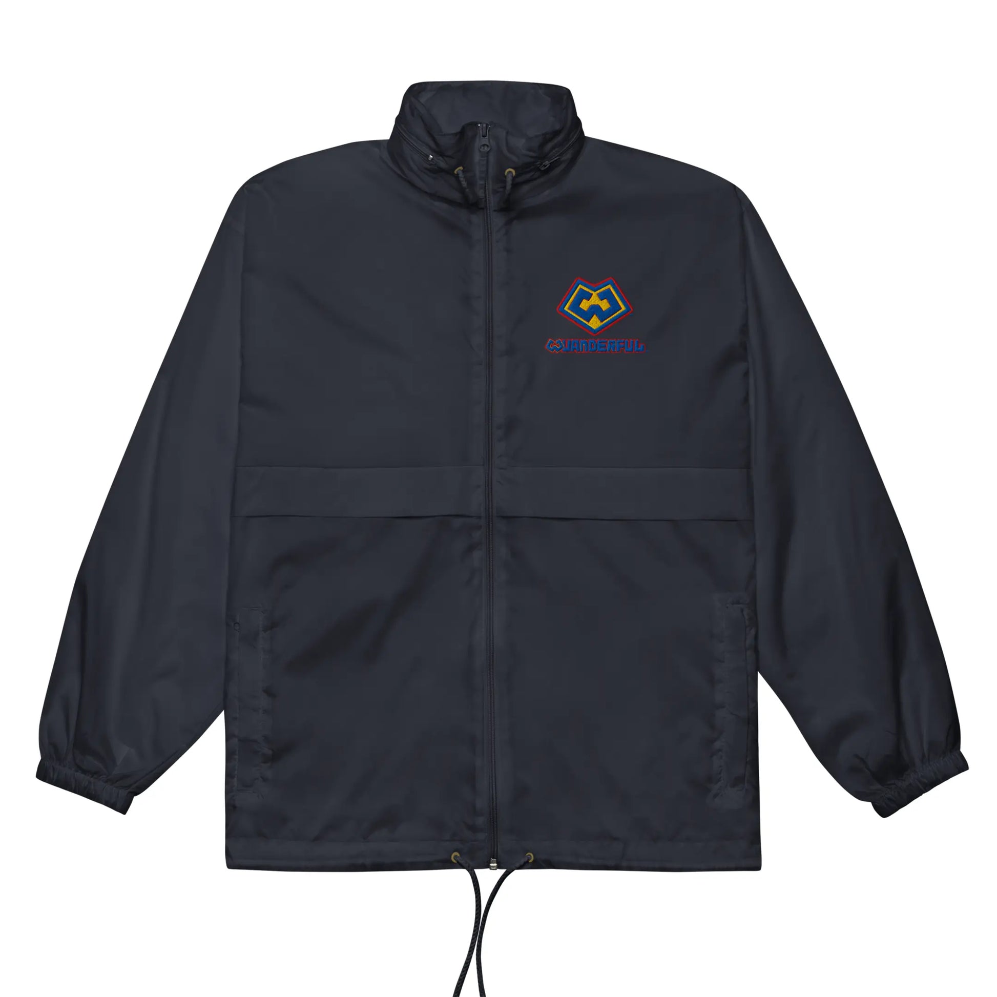 Wuanderful Locos logo on a limited edition navy blue waterproof windbreaker jacket in a front angle