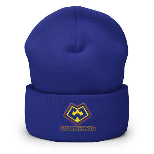 Wuanderful Locos logo on a limited edition royal blue knit beanie cap