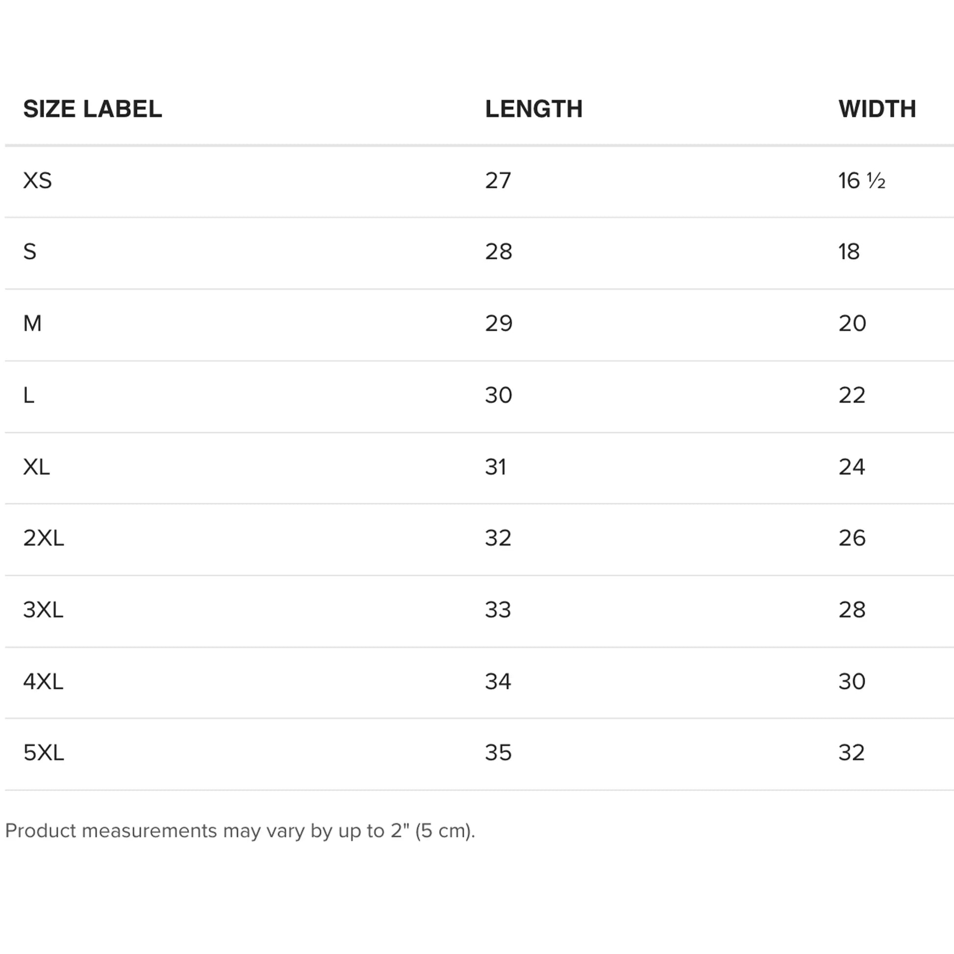 Size chart for t-shirts